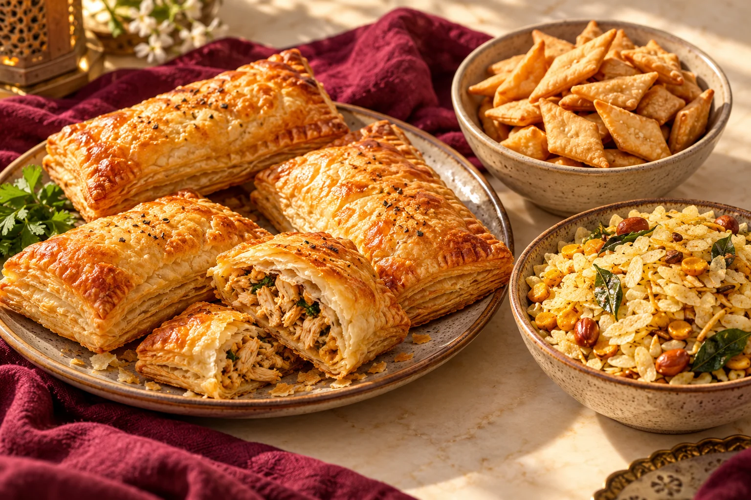 Chicken patties, Namak Paray and Chewra on a warm bakery table